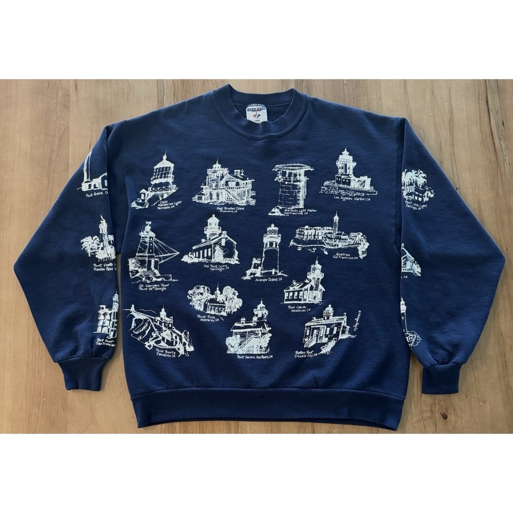 Vintage AOP California Lighthouses Sweatshirt USA Size Large Jerzees Tag